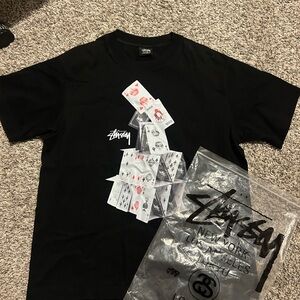 Stussy Black Short Sleeve Tee with Playing Card House Graphic